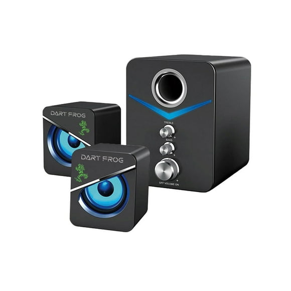 Haut-parleurs pour ordinateur Dart Frog 2.1 canaux avec lumières LED RVB et caisson de basses avec commandes de volume, d'aigus et de basses - Noir