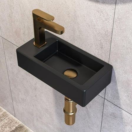 DeerValley Wall Mount Sink, Mini Matte Black Rectangle Vessel Sink, Small Bathroom Cloakroom Ceramic Wash Basin Wall Hung Sink for Small Space(Left Hand)