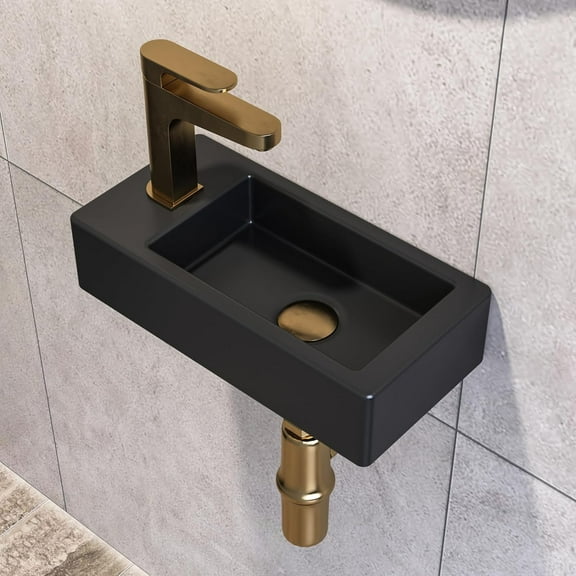 DeerValley Wall Mount Sink, Mini Matte Black Rectangle Vessel Sink, Small Bathroom Cloakroom Ceramic Wash Basin Wall Hung Sink for Small Space(Left Hand)