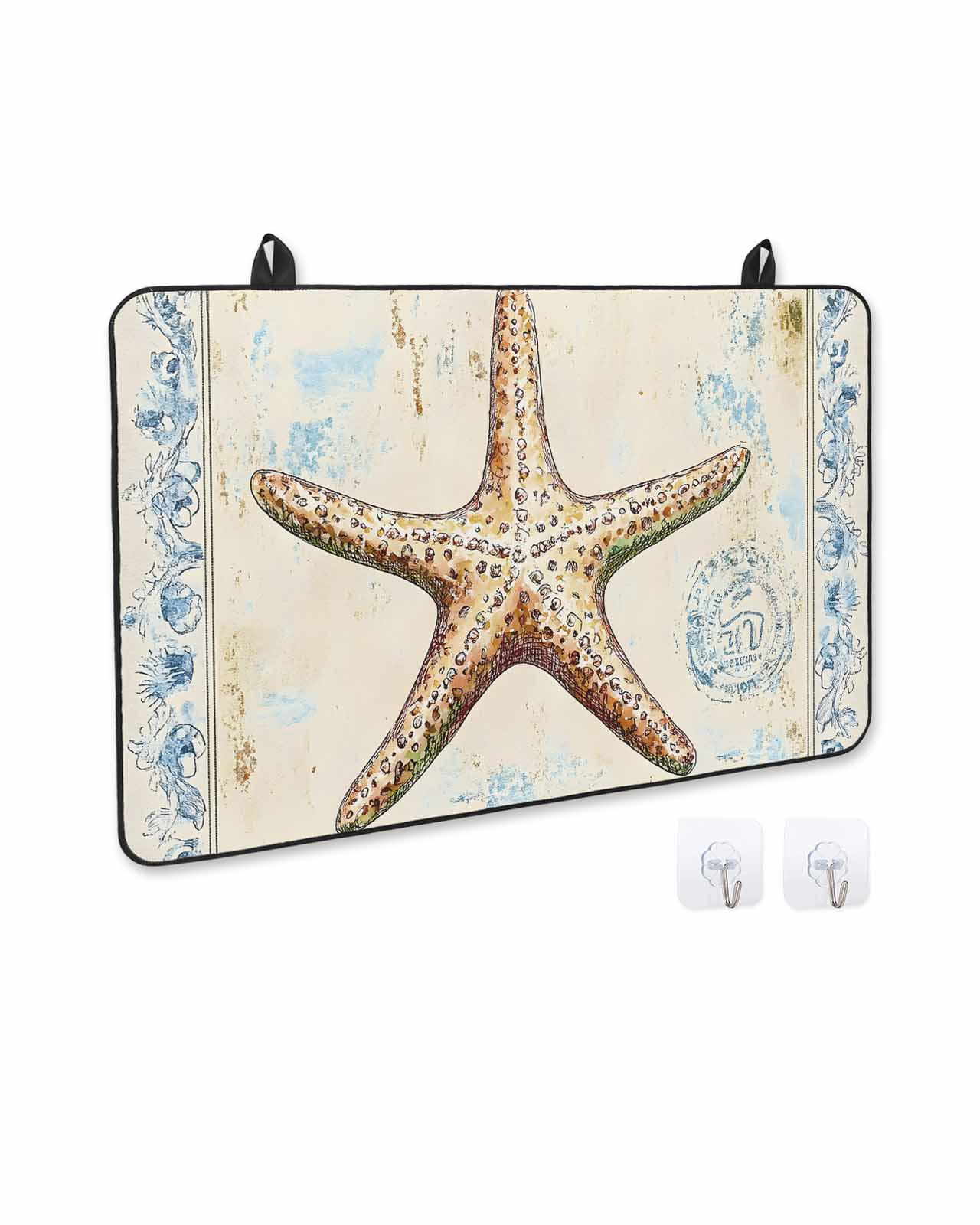 nqOlkjepod Large Induction Cooktop Protector Mat 24"x21", Coastal Beach Starfish Stove Top Covers for Electric Stove, Summer Vintage Watercolor Wave Stove Burner Cover Mats, Glass Top Stove Cover