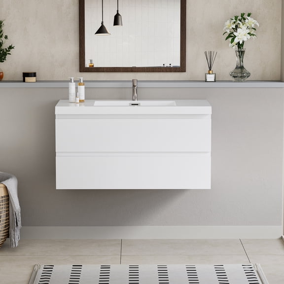 42" Bathroom Vanity Sink Unit. Cabinet. Resin Basin. Soft Close Drawers. Glossy White Storage Floating Vanity. With Sink. White. Modern Cabinetry. Easy To Install. And Functional. 24v11-42gw
