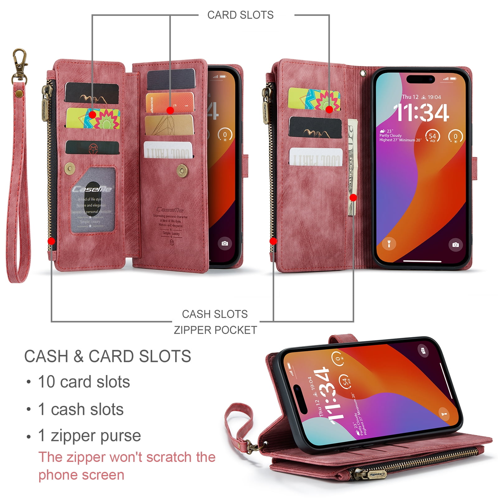 Dteck for iPhone 15 Pro Case with Card Holder, Premium iPhone 15 Pro Wallet Case for Women Men, Heavy Duty Durable PU Leather With Flip Zipper Pocket Phone Case w/ Wrist Strap Lanyard,Red