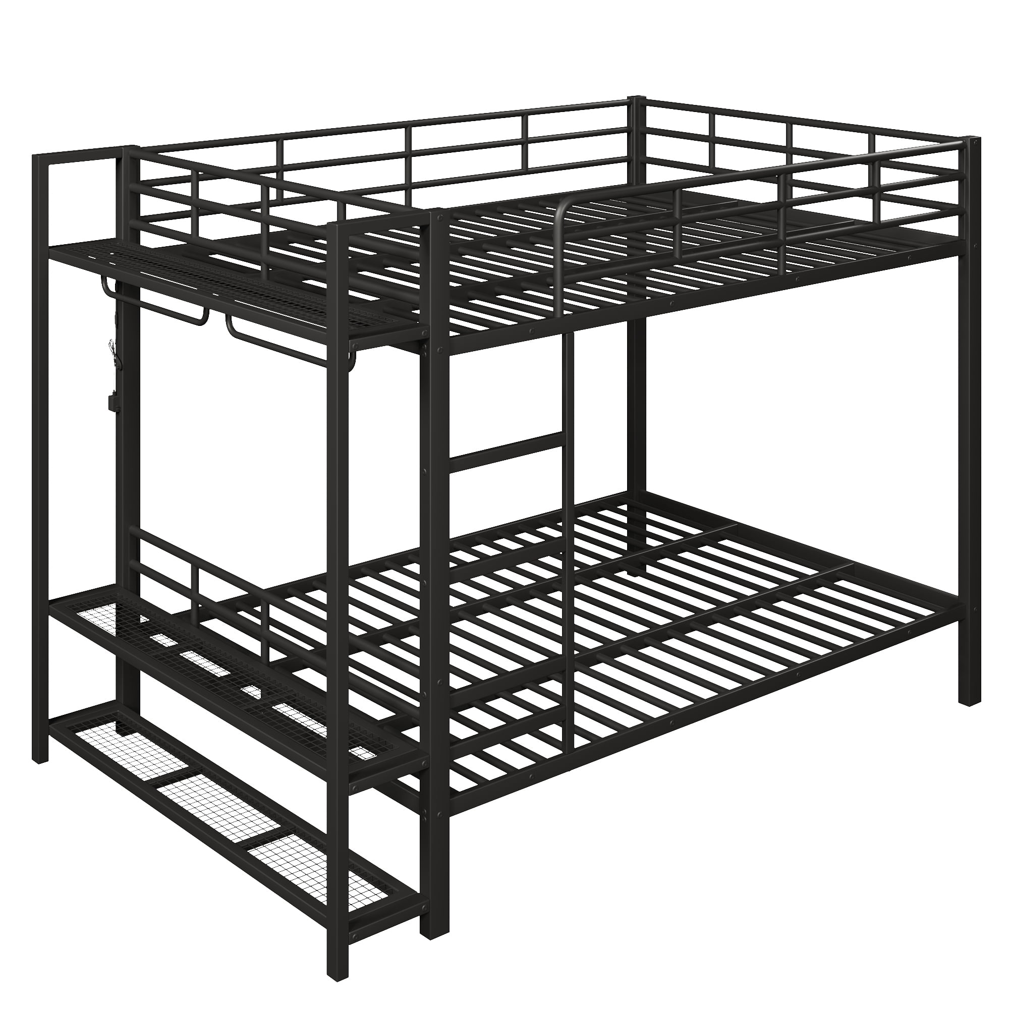 Euroco Metal Queen over Queen Bunk Bed wih Storage Shelves, Clothes Hanger and LED Light for Kids Teens Room, Black