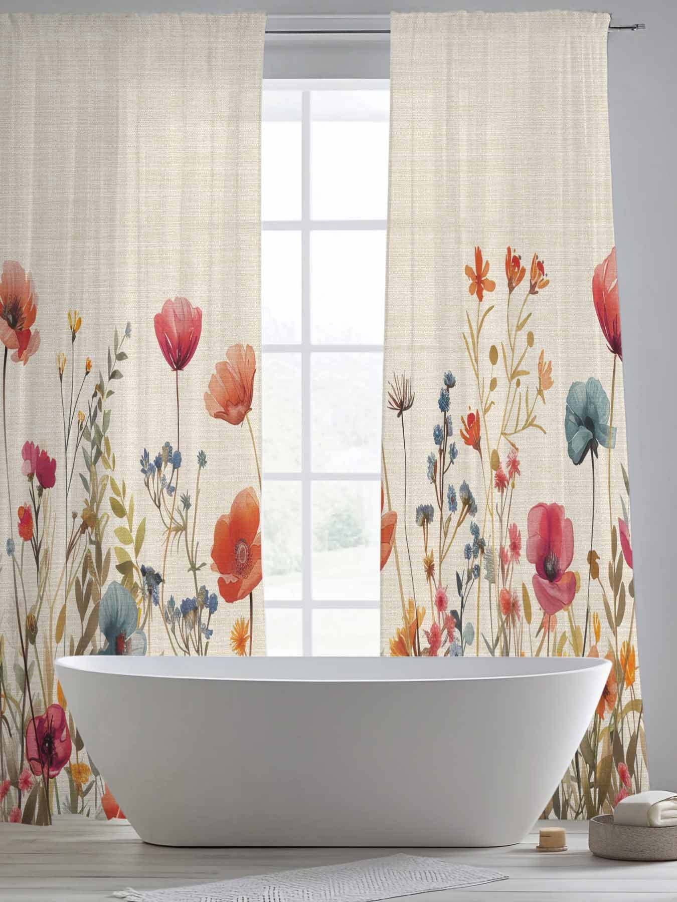 Red Flowers Sheer Curtains 96 Inches Long 2 Panels Plants Watercolor Floral Retro Linen Light Filtering Semi Sheer Window Curtains Drapes for Bedroom Living Room 52"x96"x2