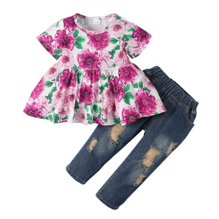 

6 Months Baby Girl Lovely Outfits Pants Sets 9 Months Short Sleeve Tops Elastic Ripped Denim Pants 2PCS Set Purple