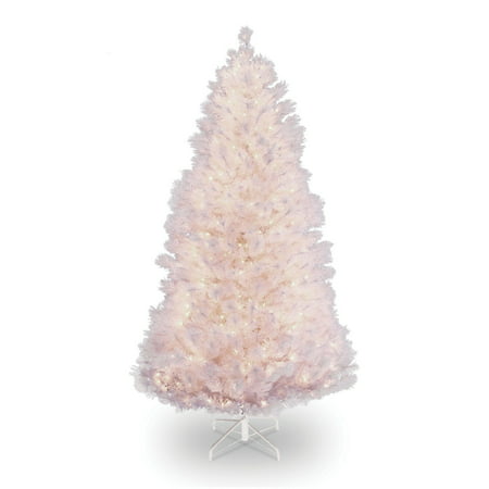 National Tree Pre-Lit 7-1/2' Wispy Willow Grande White Slim Hinged Artificial Christmas Tree with Silver Glitter and 500 Velvet Frost White