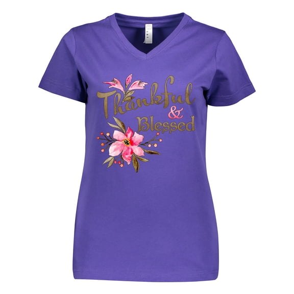 Inktastic Thankful and Blessed Inspirational Saying with Pink Flowers Women's V-Neck T-Shirt