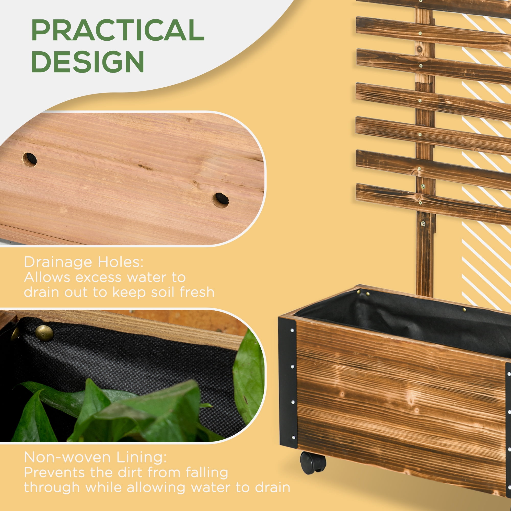 Raised Garden Bed with Trellis, 58" Outdoor Wooden Planter Box with Wheels, for Vine Plants Flowers Climbing and Planting, Brown