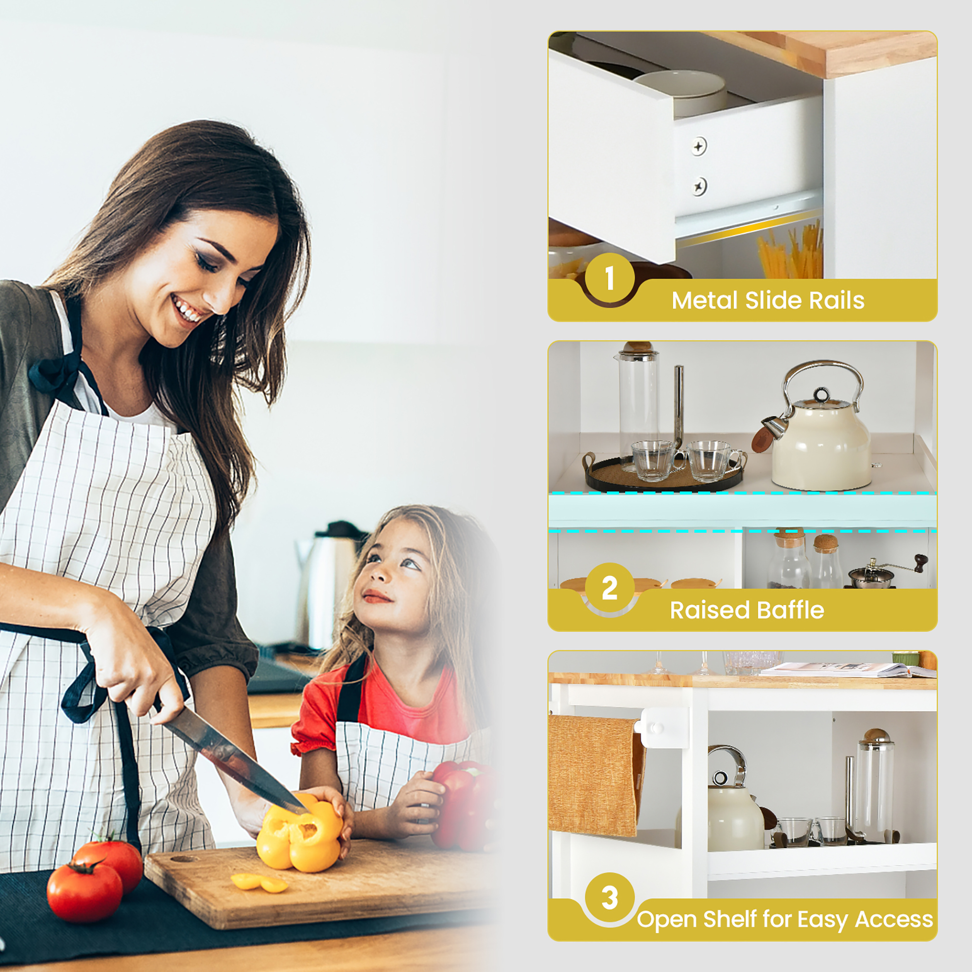 Costway Kitchen Island Trolley Cart on Wheels with Storage Open Shelves & Drawer White