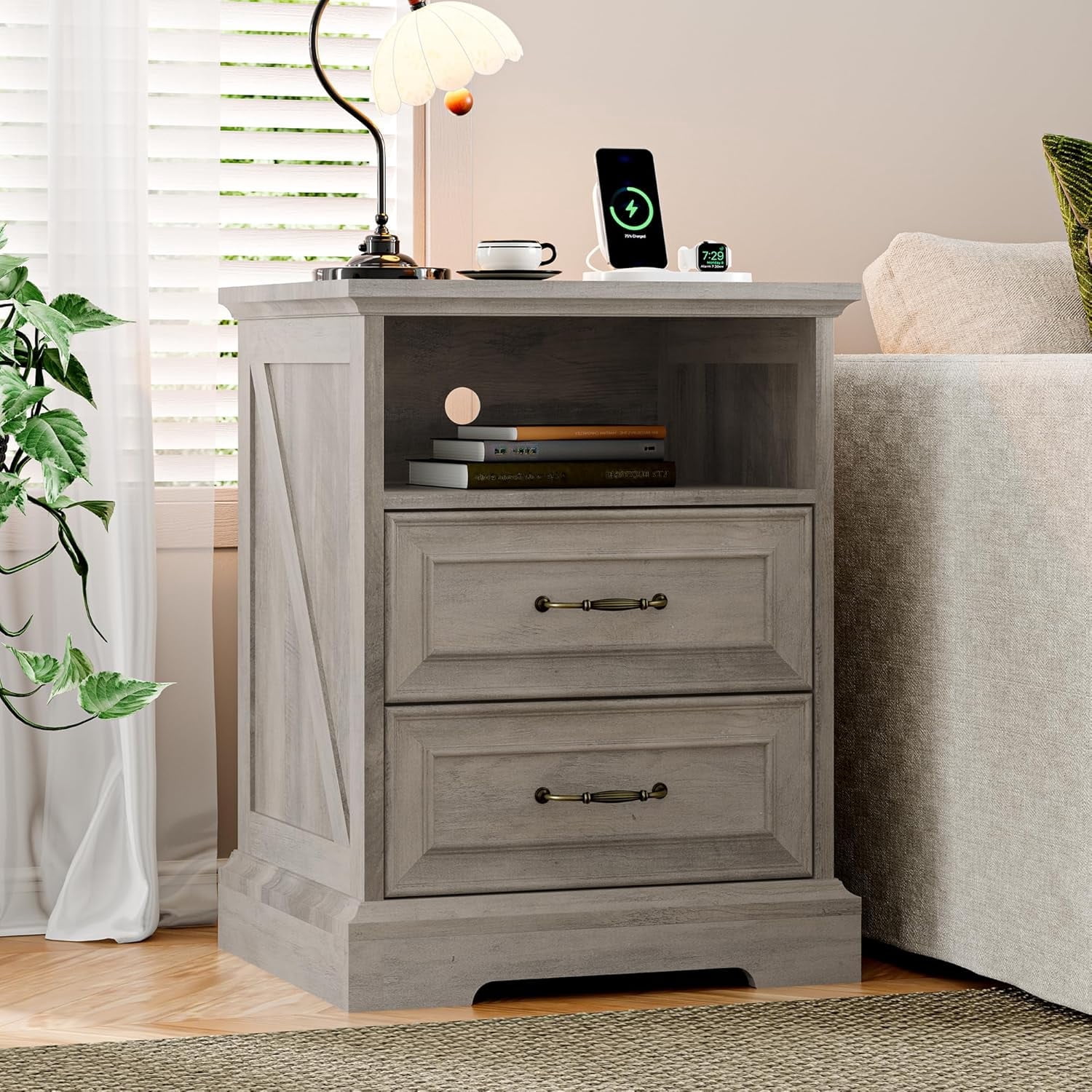 FANRAL 2 Drawers Dresser for Bedroom,Farmhouse Nightstand with Charging Station & Open Shelf,24" Wide Wooden Chest of Drawers,Rustic Storage Cabinet,Light Gray Dresser
