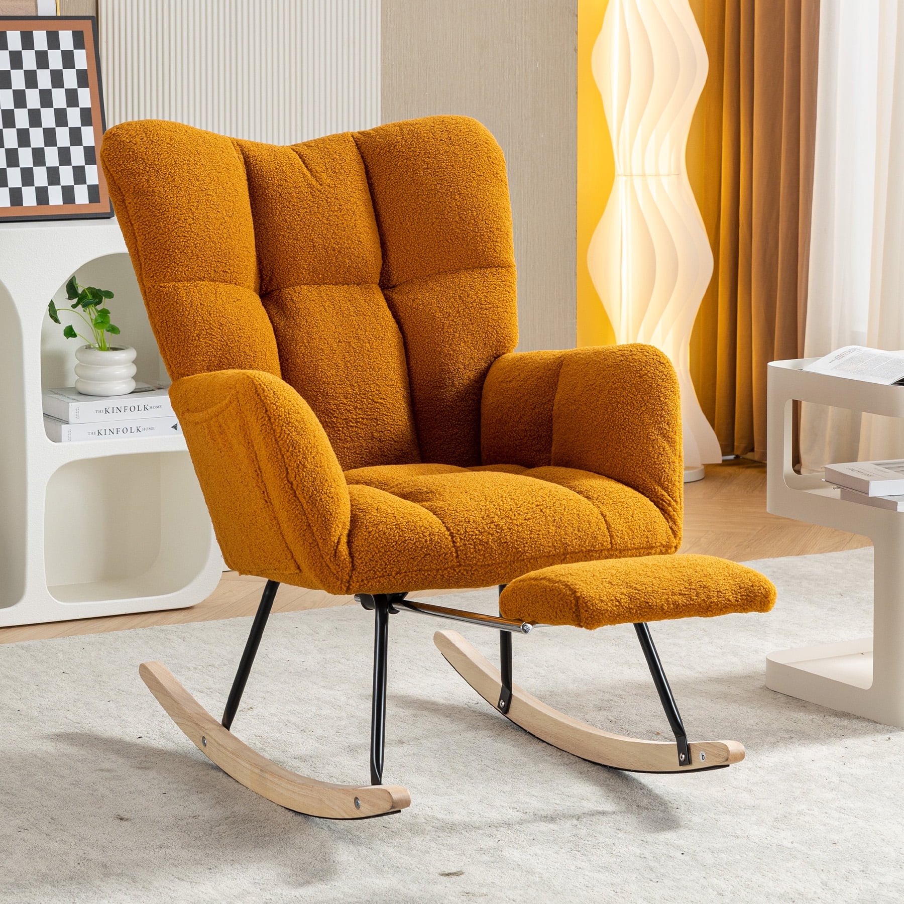 WIILAYOK Rocking Chair with Foot Rest,Teddy Upholstered Glider Chair with High Back Side Pocket Accent Rocker Arm Chair for Living Room Bedroom Office,Caramel