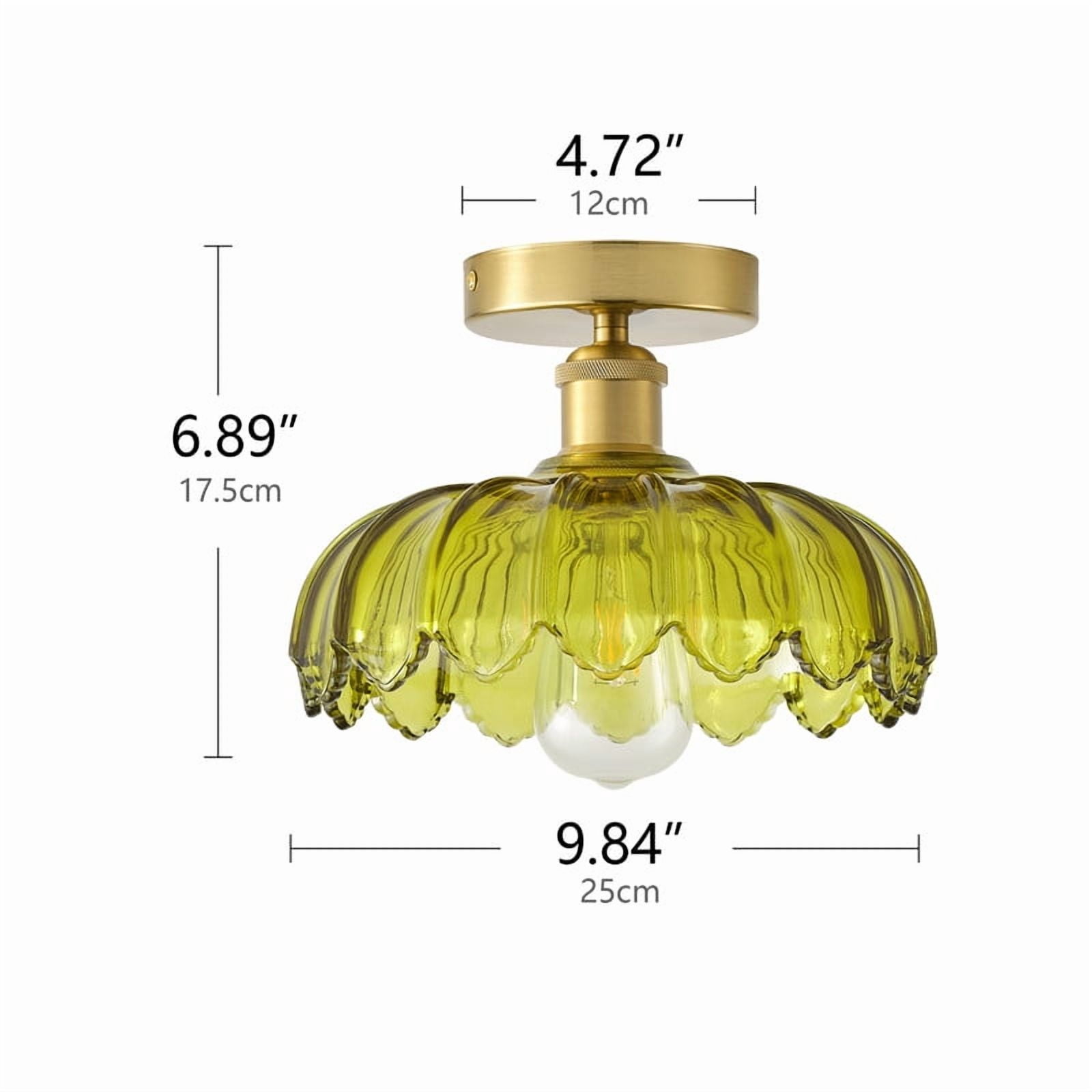 Boho Semi Flush Mount Ceiling Light with Green Glass Shade - Retro Petal Shade Close to Ceiling Light for Hallway,,Living Room & Balcony (9.84")