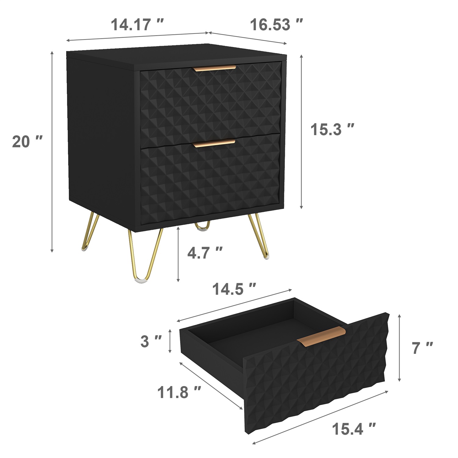 Hommoo Nightstand Set of 2, Carving Texture Night Stand End Side Tables, Modern Bedside Tables with 2 Drawers, for Bedroom Living Room, Black