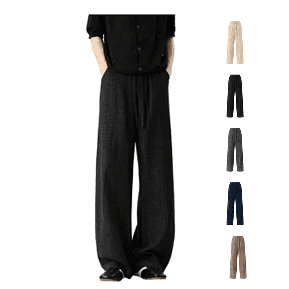 Atkumj Lightweight Pants Men Trendy Wide Leg Solid Color Breathable Linen Pants Casual Baggy Elastic Waist Drawstring Pants for Men with Side Pockets M