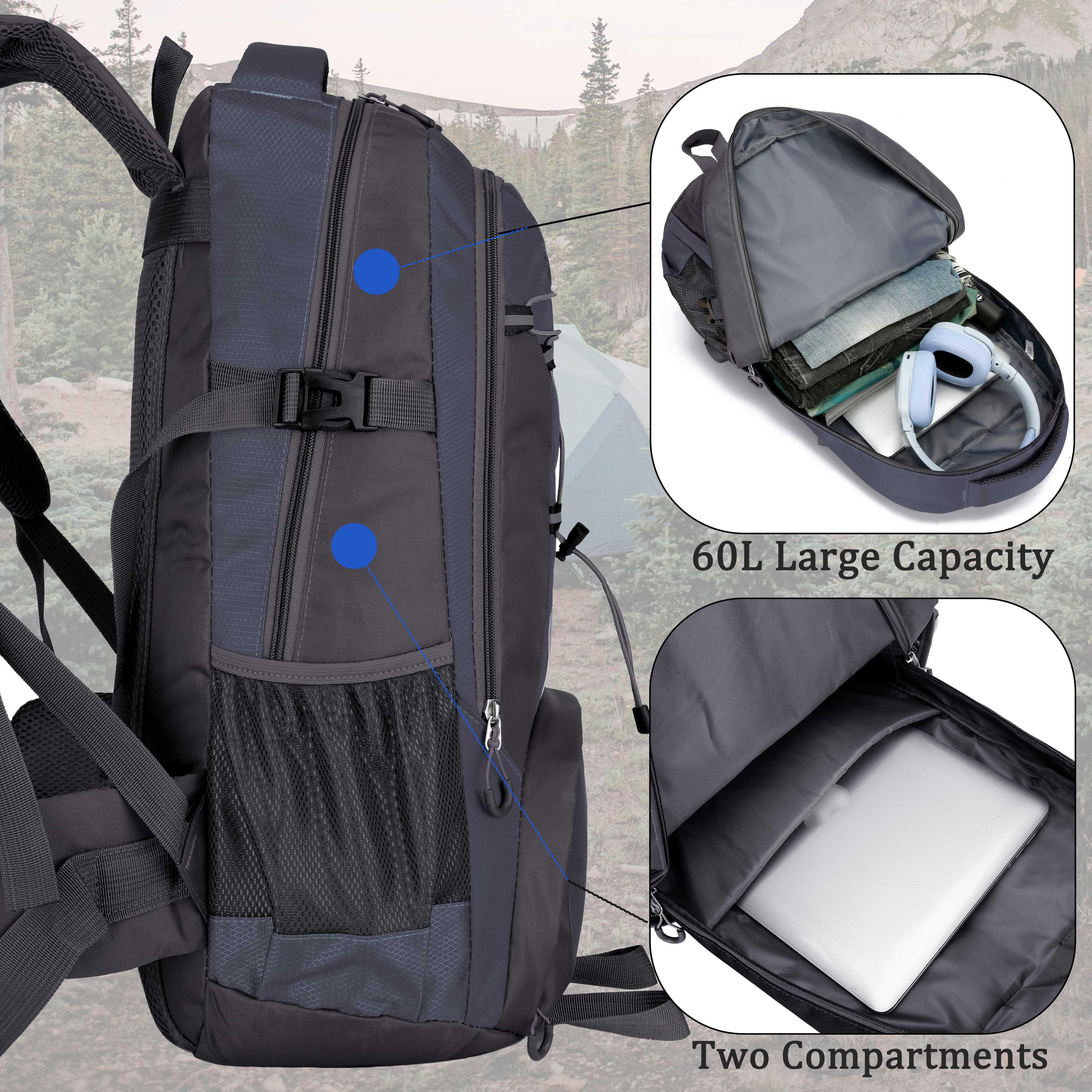 60L Lightweight Hiking Camping Backpack,Hunting Climbing Backpack for Outdoor,Backpack Water Resistant,Tactical Backpack for Men Women
