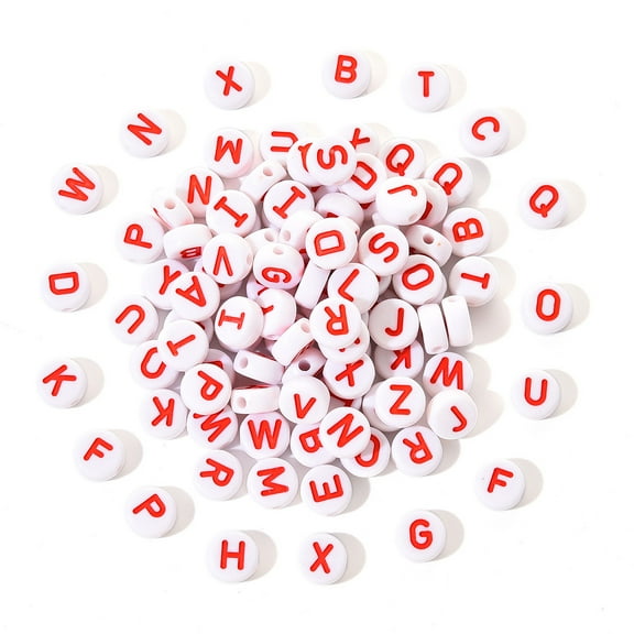 Opaque White Acrylic Beads with Enamel Horizontal Hole Flat Round with Initial Letter Red 9.5x4.5mm Hole: 2mm 100pcs/set