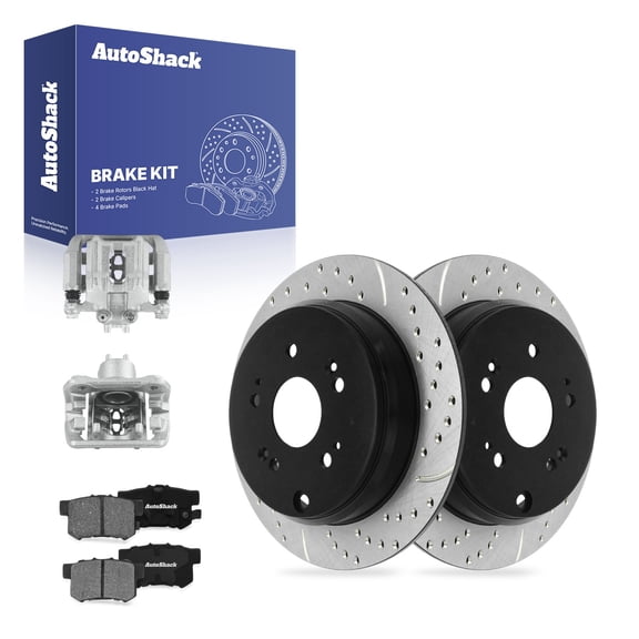 AutoShack Rear Brake Rotors, Premium Pads & Calipers for Honda & Acura, CR-V 2007-2011 RDX 2010-2012, FWD 4WD L4 2.3L 2.4L - E-Coated Drilled & Slotted - ShadowGuard - 11.99" (304.6 mm), 5-Lug