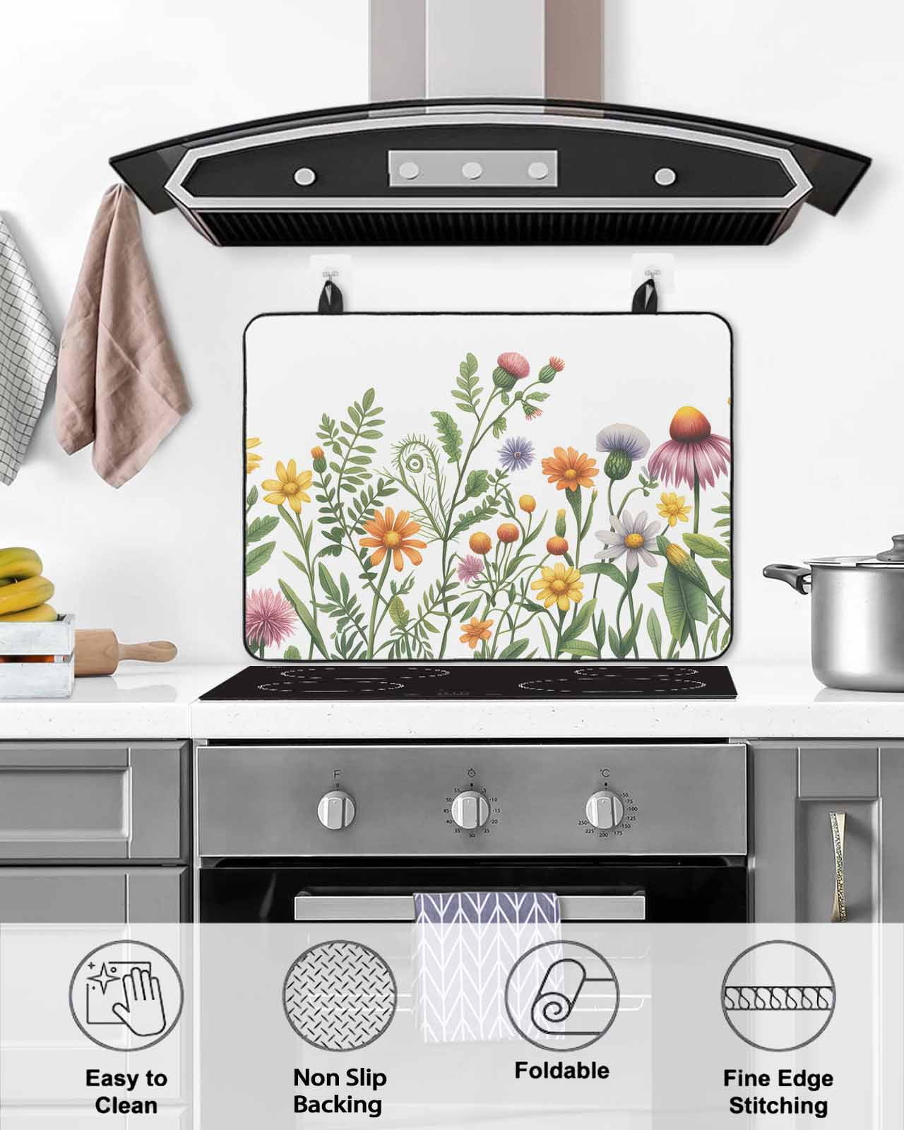 Large Induction Cooktop Protector Mat Spring Floral Stove Top Covers for Electric Stove, Yellow Flowers Pastoral Botanical Watercolor Decorative Stove Burner Cover Mats, Glass Top Stove Cover