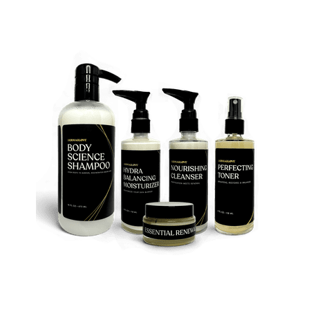 The Luxeskin Collection - Holistic Skincare Set with Nourishing Cleanser Hydra-Balancing Moisturizer Perfecting Toner Essential Renewal Balm & Body Science Shampoo - 29 Fl Oz (Pack of 5)