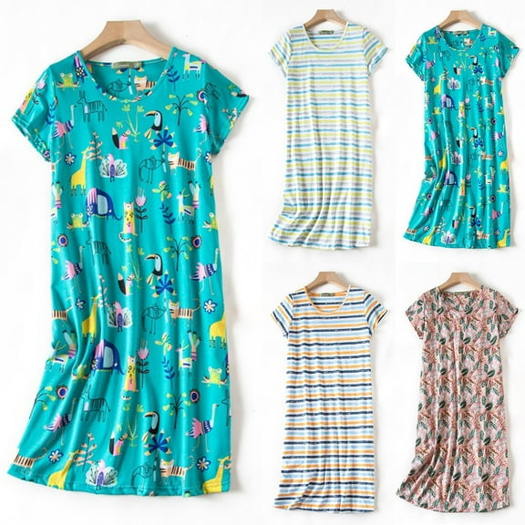 Plus Size Nightgown Knitted Cotton Sleepwear Short Sleeve Round Neck Home Dress