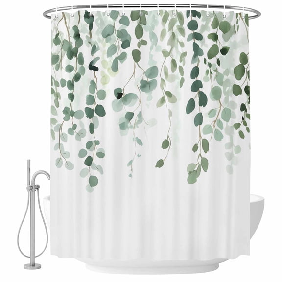 Eucalyptus Leaf Sage Green Shower Curtain Set - Extra Long 72" x 96" Washable Bathtub Curtain with 12 Hooks, Spring Weeping Leaves Botanical Waterproof Fabric Shower Curtains for Bathroom/Bathtub