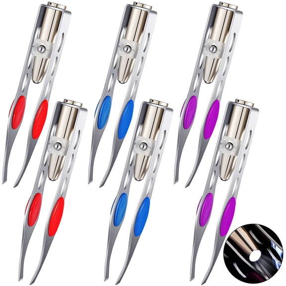 6 Pcs Light Stainless Steel Tweezers with LED, Makeup Eyelash Eyebrow Hair Removal Illuminating Lighted Tweezers for Precision Men Women(Red, Purple,