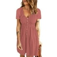 thumbnail image 3 of QUYUON Women Shirt Dress Summer Scoop Neck Short Sleeve Button Front Mini Dress Fit & Flare Solid Color Casual Dresses Pleated A-Line Beach Sundress Style A-212, 3 of 5