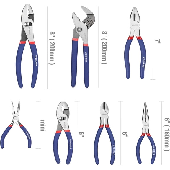 7-piece WORKPRO Pliers Set with Groove Joint, Long Nose, Slip Joint, Linesman, and Diagonal Pliers for DIY & Home Use
