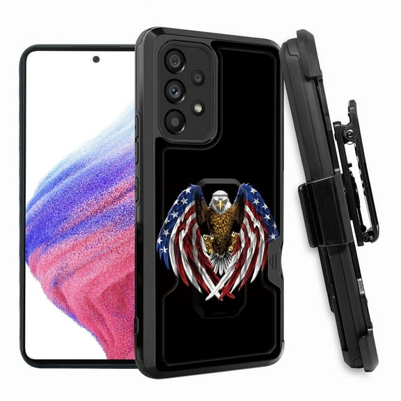 ANJ  Rugged Shockproof Hoster Case w/Card Slot, Kickstand   Tempered Glass Cover for Samsung Galaxy A33 5G - American Eagle (Black)