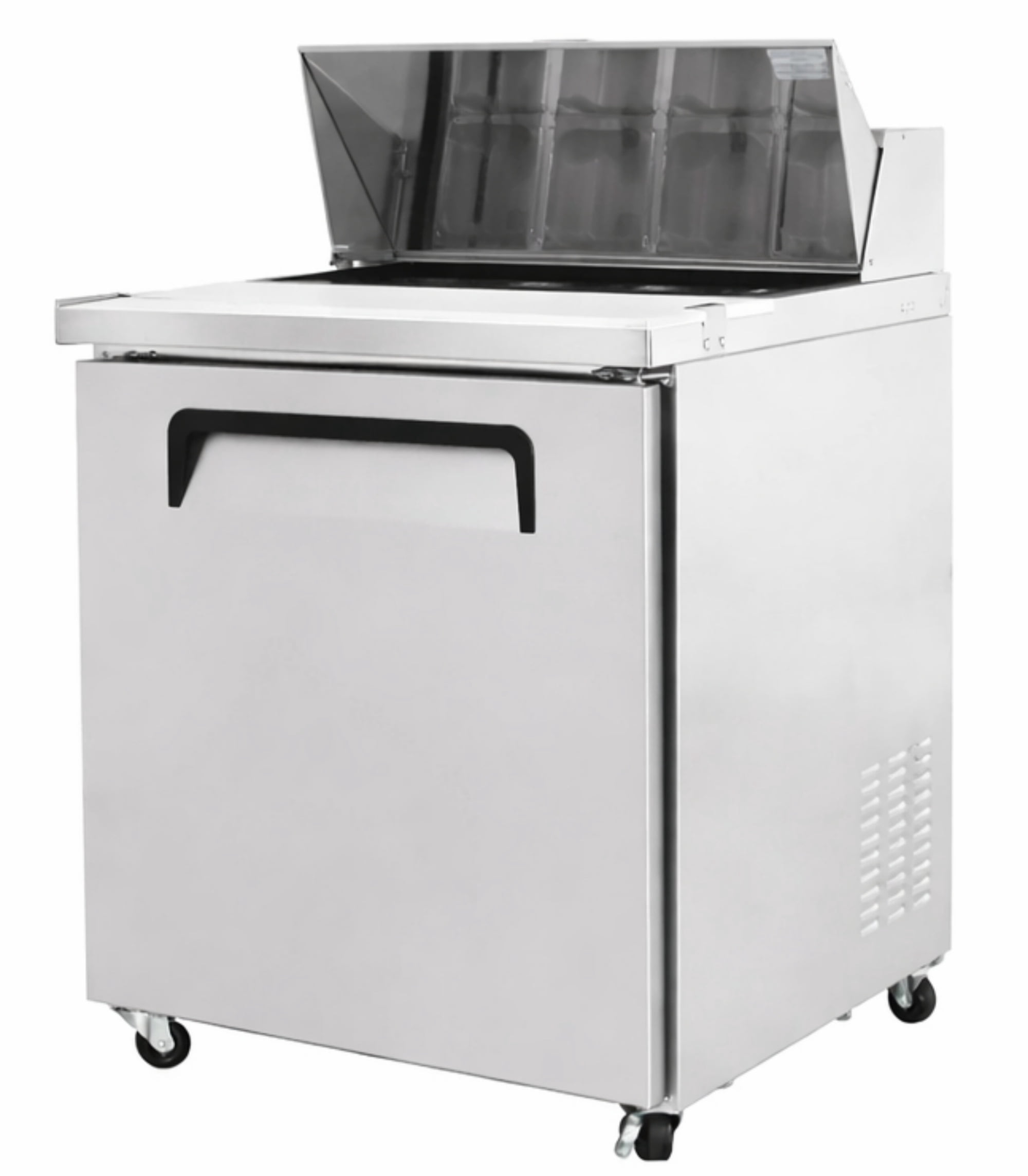 27 in. Commercial Sandwich Prep Table Refrigerator, 5.7 cu.ft., Stainless Steel Salad & Pizza Prep Station with 8 Pan Slots, Undercounter Fridge with Lid and Wheels