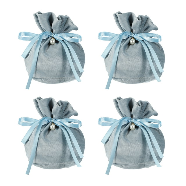Bolsas de Regalo con Cuerda de Franela Uxcell, Mini Bolsas de Empaque para Joyería, Bolsa de Almacenamiento de 6 x 5.5 in con Perla (4 Paquete, Azul Claro)
