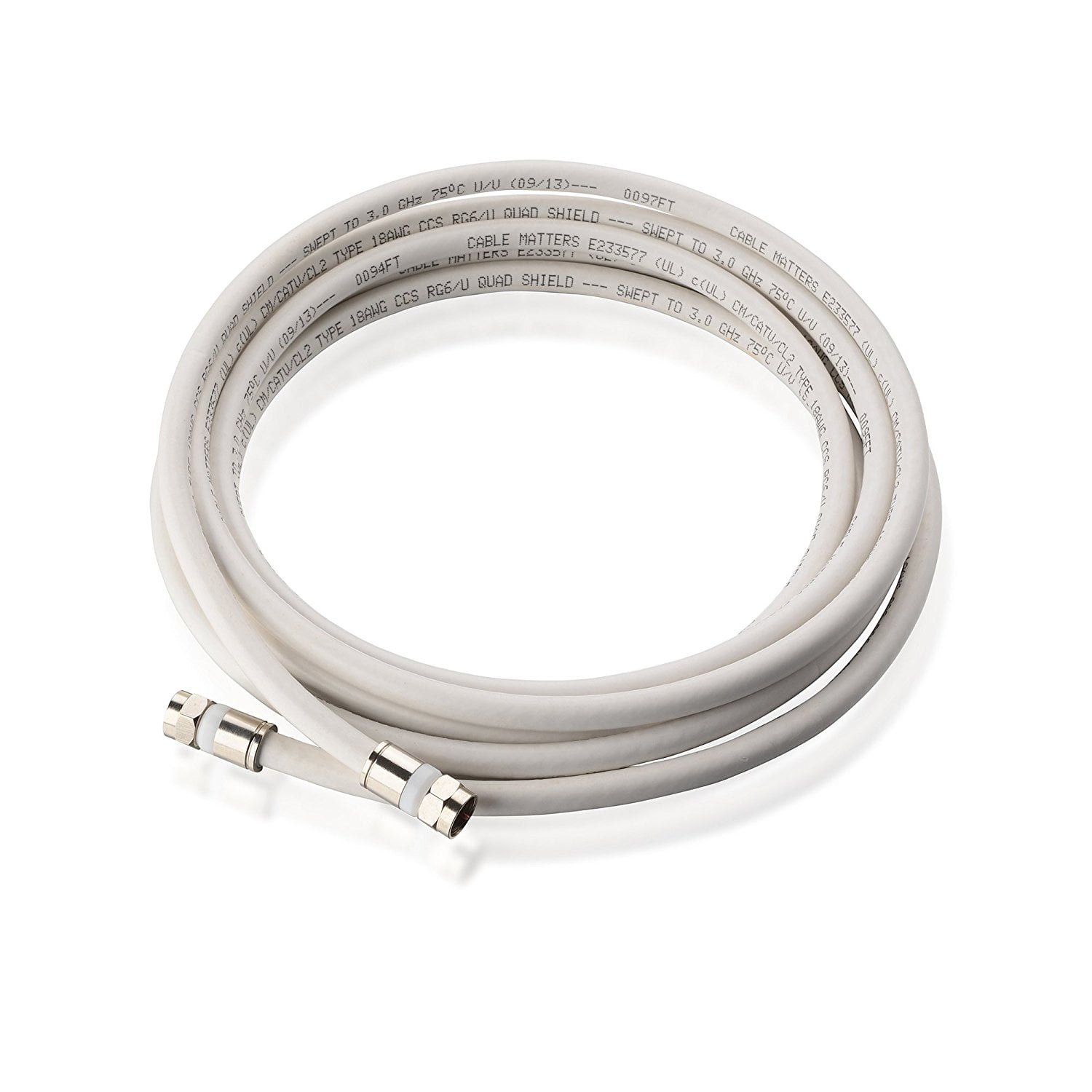 Cable Matters 3-Pack CL2 In-Wall Rated (CM) Quad Shielded Coaxial Cable (RG6  Cable Coax Cable) in White 10 Feet Available 1.5FT 100FT in Length 