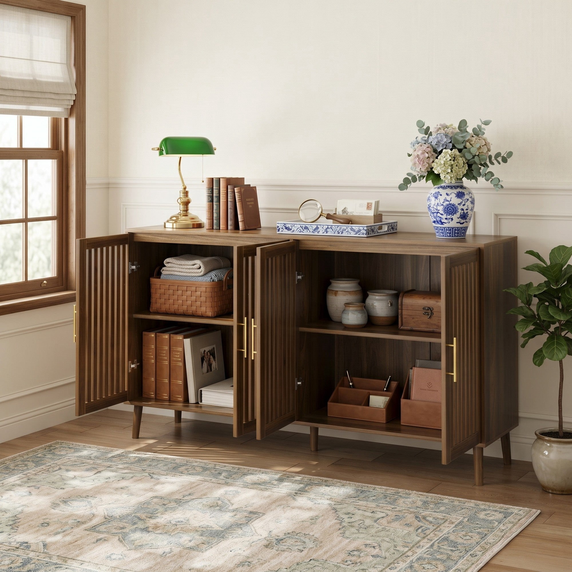 Sailvan 63" Walnut Sideboard Buffet Cabinet, Grille-Striped 4-Door Accent Cabinet