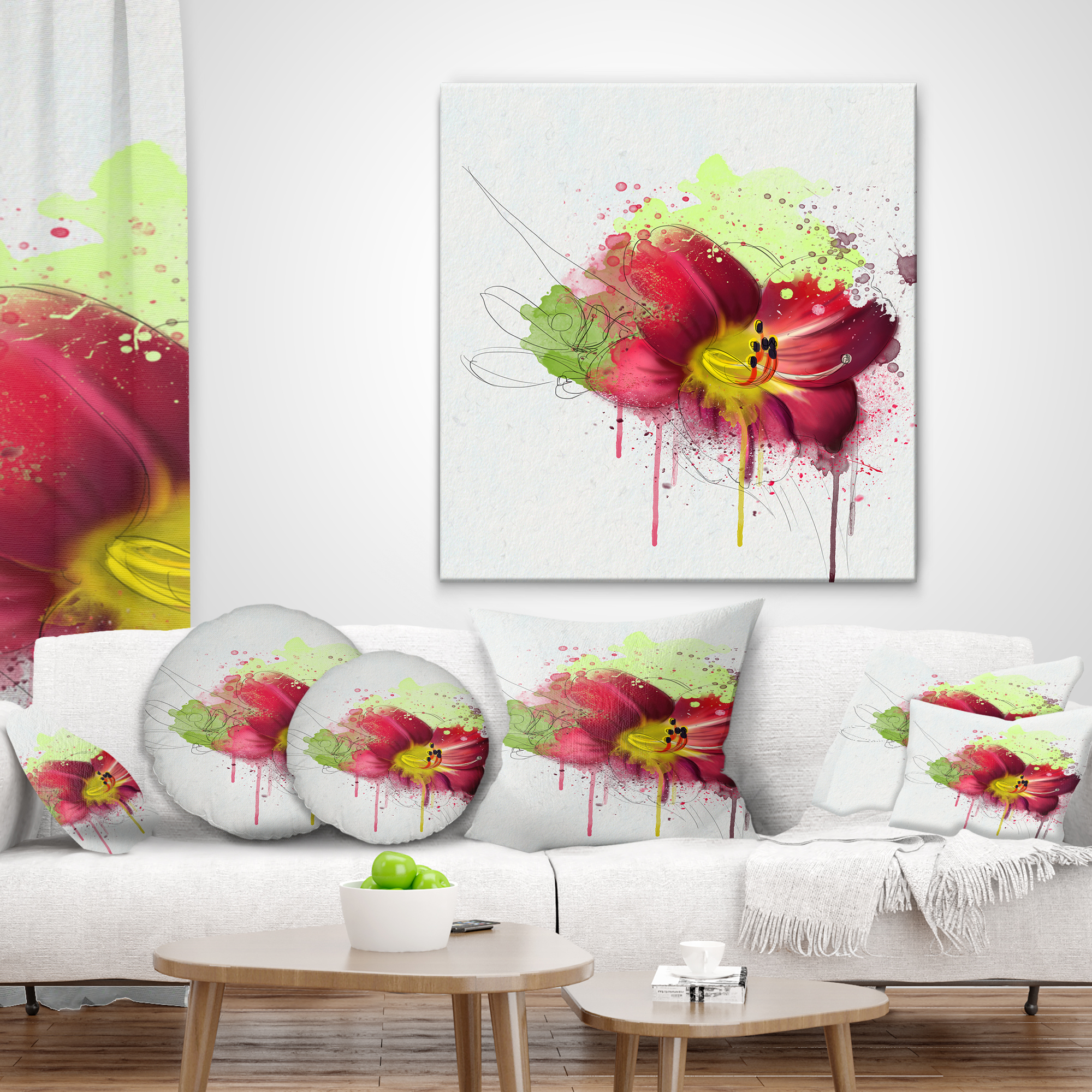 Designart Red Lily with Green Paint Splashes - Floral Throw Pillow - 18x18