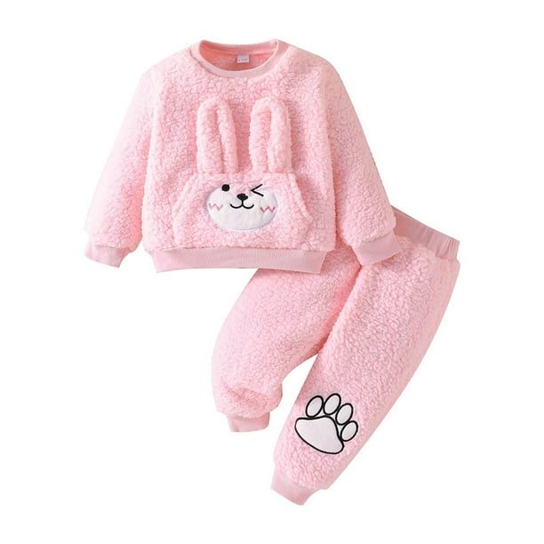 Gibobby Conjunto de leggings para bebés y niñas Otoño e invierno bebé 1 3 años Top cuello redondo Color sólido bolsillo de conejo cálido traje de lana(Rosa,9-12 Months)