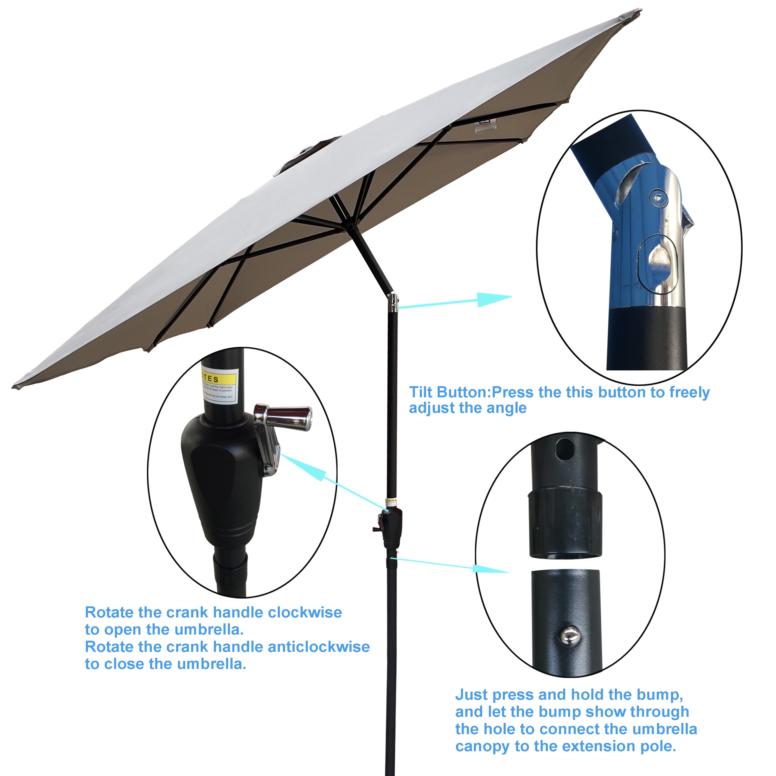 6x9 FT Outdoor Patio Sun Umbrella, Adjustable Tilt Waterproof Yard Shade Umbrella with Crank Design, Medium Grey