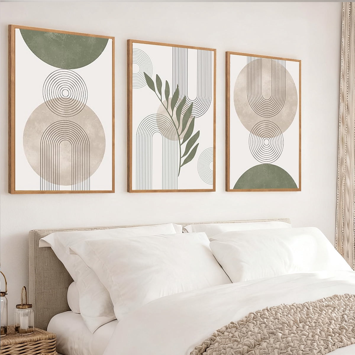 TOARTi Boho Canvas Wall Art Sage Green Framed Minimalist Painting Modern Geometric Abstract Prints Set of 3 for Living Room Bedroom Office 24x36 Inch