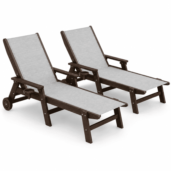 SERWALL Patio Chaise Lounge Chair Set of 2, Textilene Outdoor Lounger with Wheels for Pool, Coffee