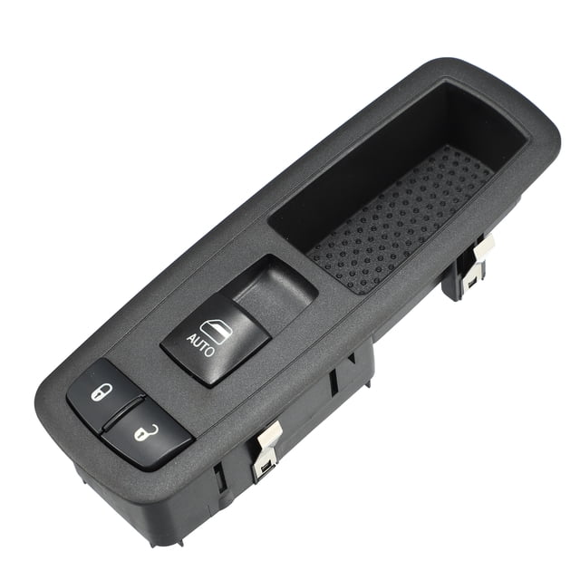 unique bargains interruptor de ventana eléctrica principal del lado del pasajero delantero derecho para chrysler town and country 2008-2012 negro — Módulo en 3/4 visto desde arriba, carcasa de plástico negro con botón AUTO rectangular para control de ventana, dos botones de bloqueo/desbloqueo y un compartimento texturizado; clips metálicos de montaje visibles; compatible con modelos Chrysler, Jeep y Dodge según especificaciones; a menudo usado como repuesto de reemplazo directo en paneles de puerta.