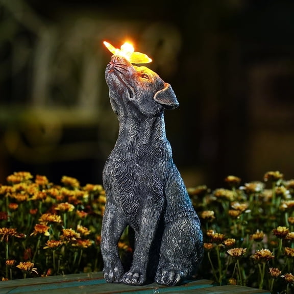 Goodeco Solar Garden Statue Dog Figurine – Outdoor Decoration with Butterfly for Garden Yard Decor