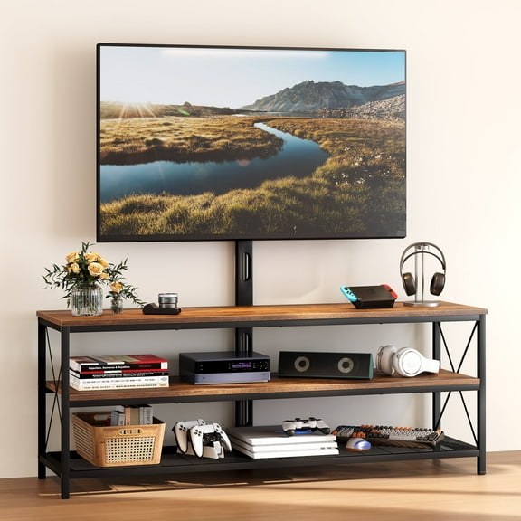 Joxiqon TV Stand with Mount, Swivel TV Stand Mount for 32/45/55/60/65 inch TVs, Height Adjustable TV Entertainment Center with Cable Management, Rustic Brown