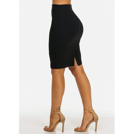 Womens Juniors Stretchy Casual Office Career Wear High Waisted Solid Black Bodycon Pencil Midi Skirt