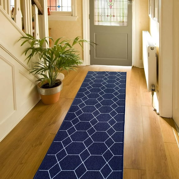 Custom Size Hexagon Trellis Design Black&Gold,Blue,Brown,Gray,Red Color Options Non-Slip Rubber Backing- 31 Inch Wide by Your Choice of Length-Hallway Stair Runner Carpet