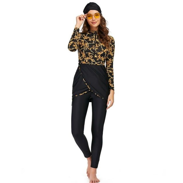 Burkini Muslim Swimwear, Black Solid, Long Sleeve, Nylon/Polyester/Spandex, 2022 New Collection