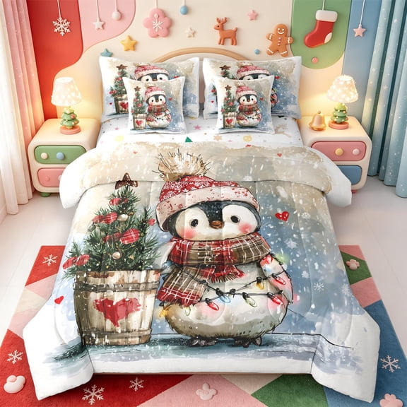 Manfei Merry Christmas 7-Piece Twin Bedding,Cute Penguin Bedding Comforter Set,Xmas Reversible