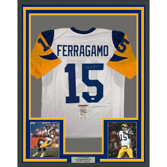 Framed Autographed/Signed Vince Ferragamo 35x39 Los Angeles LA Rams White Football Jersey JSA COA
