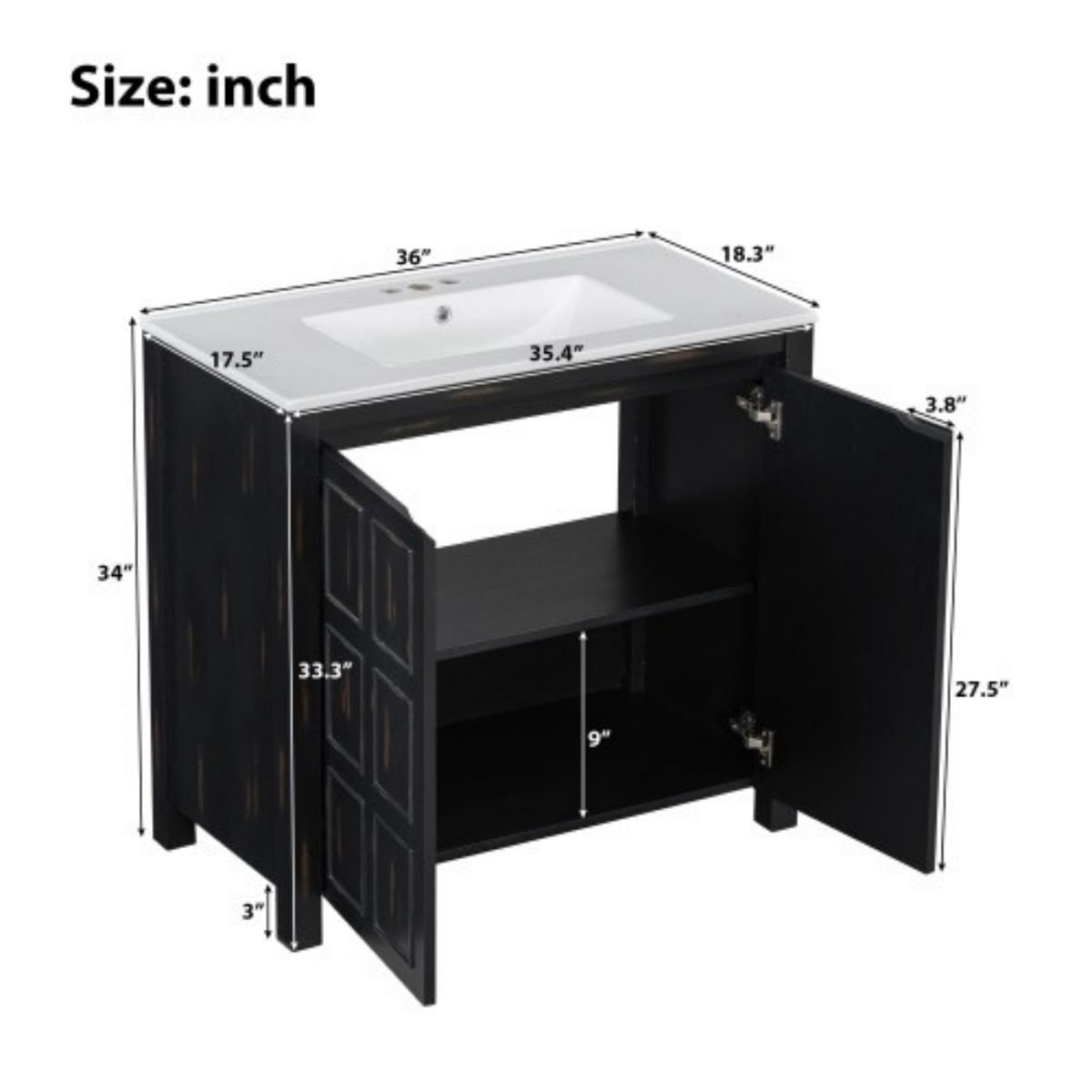 36" Bathroom Vanity with Ceramic Sink, Freestanding Bathroom Cabinet, Solid Wood Frame, Soft Close Doors, Vintage Espresso Storage Organizer