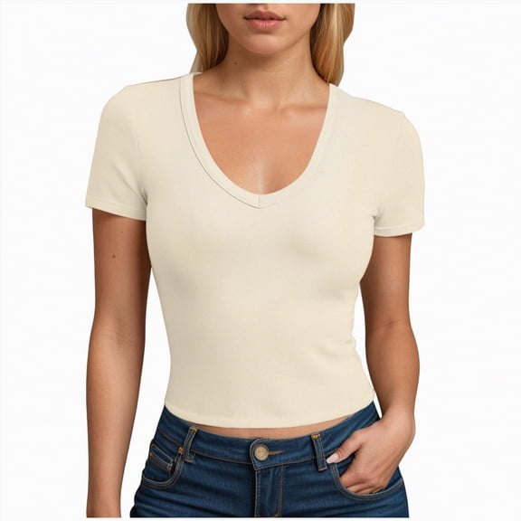 Paguaki Womens V Neck Crop Tops Ribbed Knit Short Sleeve Slim Fit Solid Color Stretchy Casual Summer Blouses