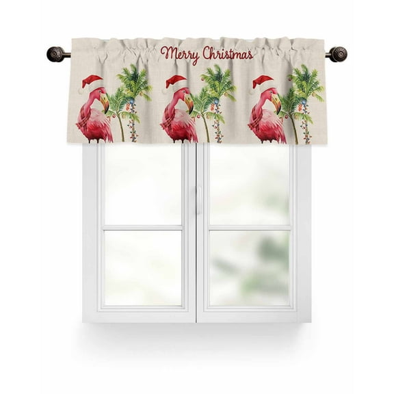 Pink Merry Christmas Flamingo Kitchen Valances for Windows Tropical Coconut Tree Valance Curtains for Kitchen /Living Room/Bedroom/ Bathroom Decor, 42"x12 " ,Rod Pocket 1 Panel,