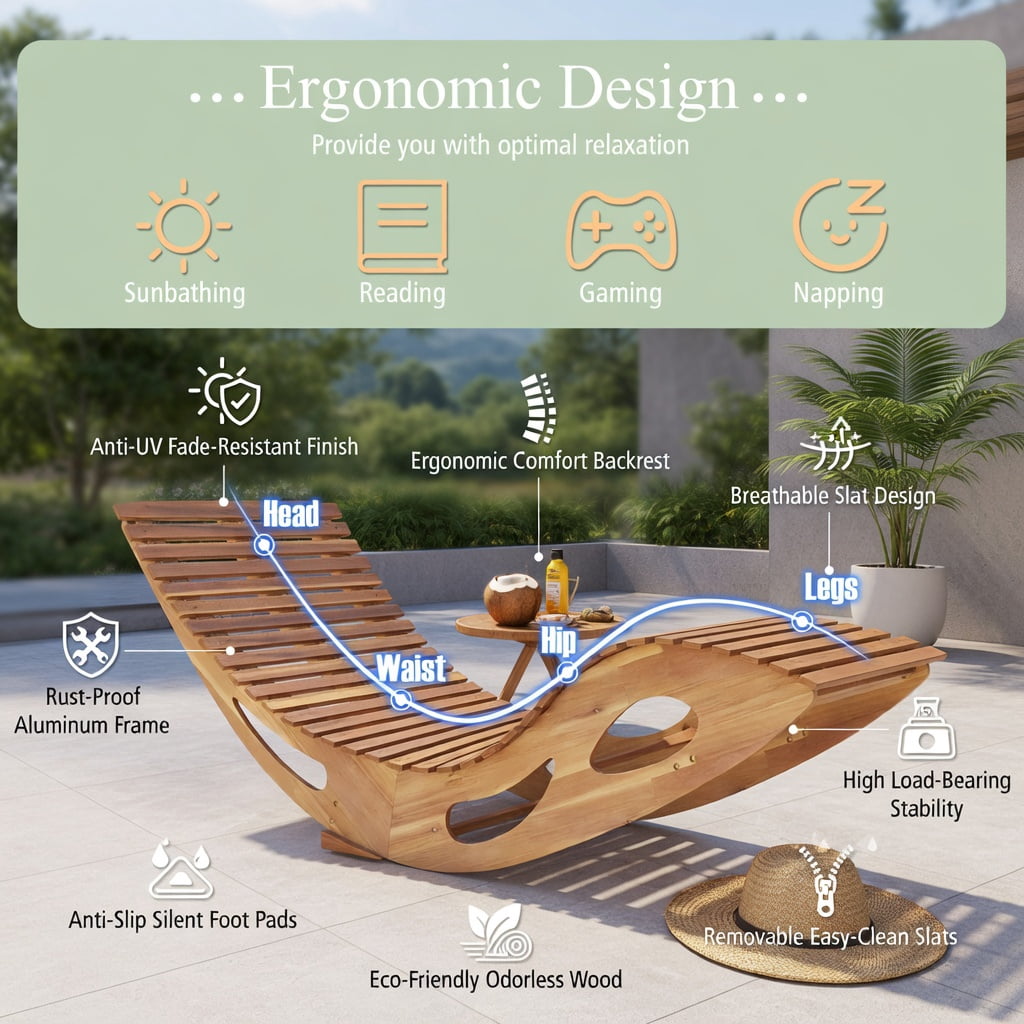 Hommoo Slatted Acacia Wood 2-Seat Dual Rocker Patio Sunbed, Ergonomic Curved Seat, Poolside & Backyard Lounger, Natural